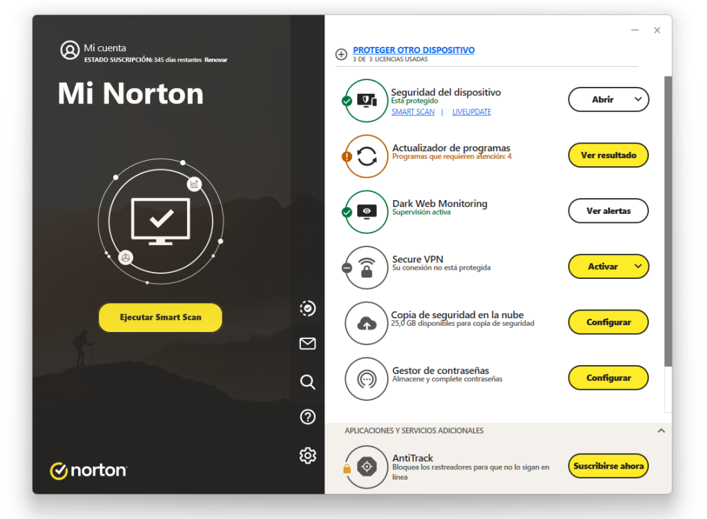 Pantalla principal de Norton antivirus